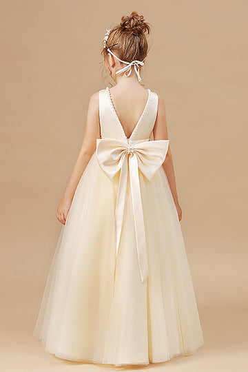 Hvid A Line ærmeløs Bowknot bloemenmeisje jurkje med perler